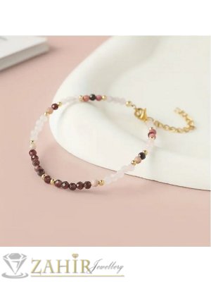 Мега яка гривна за ръка или глезен от естествен гранат 3 мм топче и стоманени елементи, закопчалка и удължител - GA3082